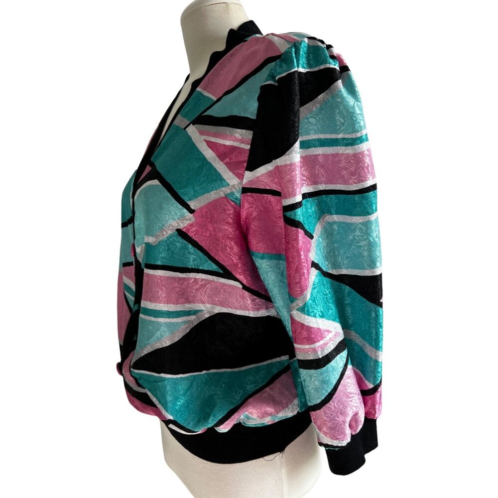 Vintage Anastasia Silky Bright VNeck Blouse Sz Medium Petite Colorful Pink & Bla - Picture 5 of 14